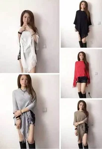 Ladies Poncho Stole Cape Shrug Wrap Shawl Jacket Jumper Sweater Tassels Stylish - Picture 1 of 9