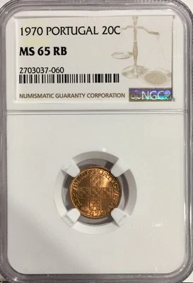 1970 MS65 RB Portugal 20 Centavos UNC NGC KM# 595  - Image 1 of 2