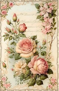 Vintage Shabby Chic Garden Roses #9 Collage 7x10 Sewing Cotton Fabric Block - Picture 1 of 1