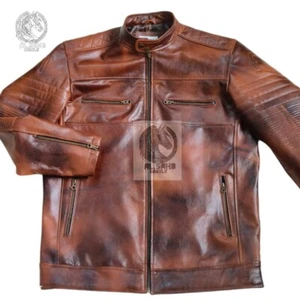 Genuine Goat Leather Brown Two-tone Men's Biker Jacket With Free Shipping. - Picture 1 of 3