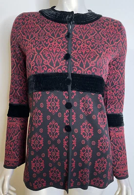 Covelo Red Black Floral Knit Cardigan Sweater M Velvet Trim Nordic LS Button Frt - Image 1 of 4
