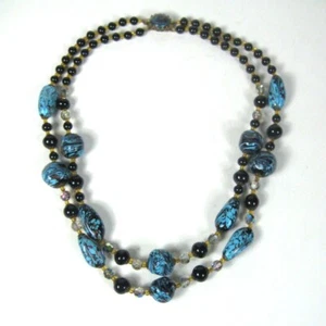 Vintage Hand Blown Feathering Gold Blue Glass Beads Black BeadsDouble Strand Nec - Picture 1 of 12