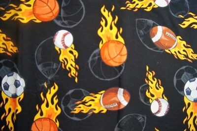 1/2  Yard Sports Balls with Flame on Black Brushed Cotton Fabric 23" X 44" - Image 1 of 2