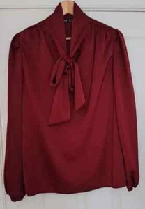 Excellent burgundy satin pussy bow blouse, size M/ EU 38, true size UK 12 - Picture 1 of 4