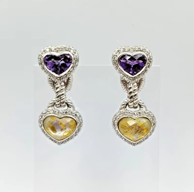 QVC Judith Ripka Sterling Silver 925 Amethyst MOP Quartz Heart Clip On Earrings - Image 1 of 4
