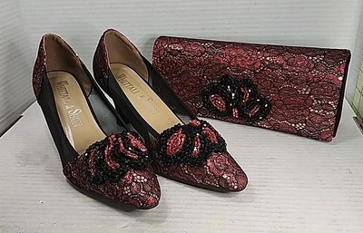 Whittall & Shon Embellished Red Black Back Heels Size 8 With Clutch NEW  - Image 1 of 4