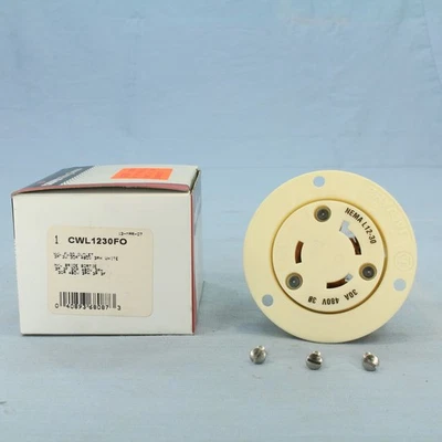 Cooper White Industrial Locking Flanged Outlet L12-30R 30A 480V 3Ø CWL1230FO - Image 1 of 4