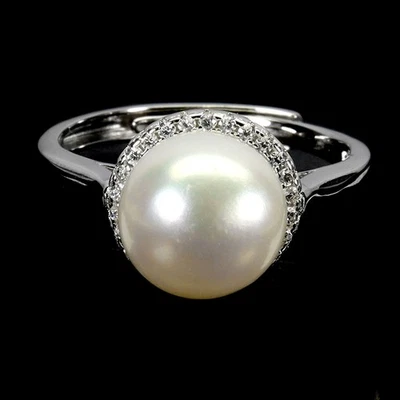 Anillo de plata de ley 925 redondo perla blanca 9 mm joyería natural tamaño 6,5 Foto 1 de 4