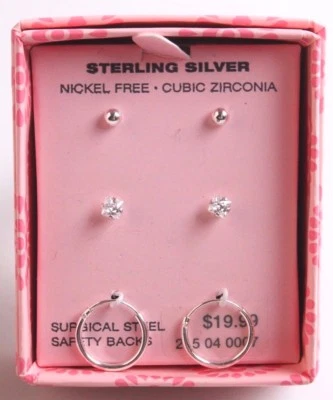 3 Ragazze Argento Sterling 925 Zircone Cubico Cristallo Cerchio Post Orecchini - Immagine 1 di 2