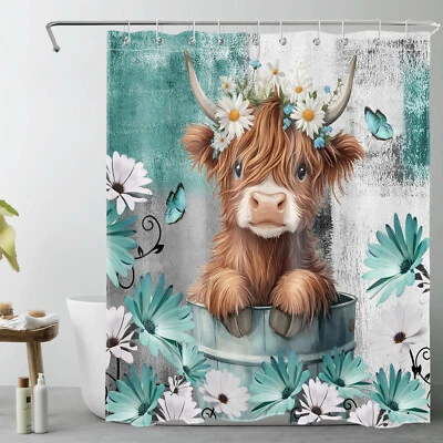 Funny Brown Cow Teal Blue Daisy Floral Shower Curtain Set for Bathroom Decor - Image 1 of 4