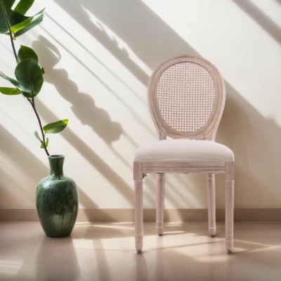 Sillas de comedor French Country de 2 piezas - Marco de madera maciza, lino crema Foto 1 de 4