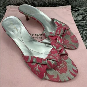 Kate Spade Pink and Silver Brocade Knotted Kitten Heels Slip on Size 7 1/2 M - Picture 1 of 12