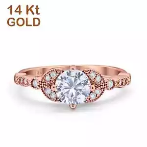 14K Rose Gold Art Deco Wedding Ring Bridal Round Simulated Cubic Zirconia - Picture 1 of 2