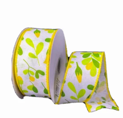 Yellow Buds & Berries 1.5" by 5 yards White Wired Ribbon Spring Summer Floral - Image 1 of 2