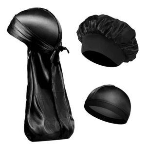 Unisex Women Men Silk Satin Caps 3PCS Set Durag Bonnet Silky Durags Bandanas for - Picture 1 of 13