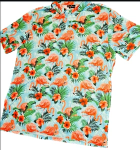 Yatta Golf Shirt Mens 2XL Blue Flamingo Floral Hawaiian Polo Performance - Picture 1 of 6