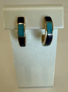 14K Gold Turquoise & Lapis Inlay Huggy Post Earrings by Tony Sanchez - Picture 1 of 9