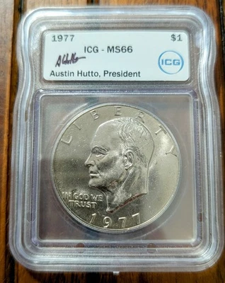 1977-P Eisenhower $1 MS66 ICG Autographed Graded Slab Rare Collectible Dollar! - Image 1 of 3