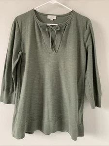 LOFT By Ann Taylor  Knit Top LARGE  3/4Sleeve Pullover  Dark Sage Green  Keyhole - Picture 1 of 12