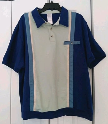 Винтажная рубашка с коротким рукавом John Blair, размер 2XL, синий цветной блок, низ с полосками - Изображение 1 из 4
