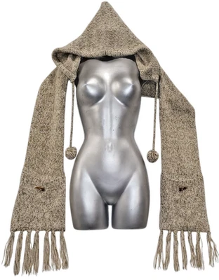 РУЧНОЙ РАБОТЫ женщин два тона бежевый трикотажа с КАПЮШОНОМ плеча шаль w карманы один размер - Изображение 1 из 4