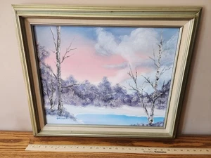 Vintage Oil On Canvas Winter Landscape Painting Wood Framed Artist Signed  - Picture 1 of 2