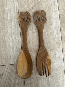 Vintage Hand Carved African elephant Wooden Salad Serving Spoon Set - Picture 1 of 4