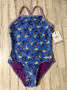 NWT Dolfin Uglies Girls One Piece Swimsuit Size 14 Blue Stargazer Print UPF 50 - Picture 1 of 12