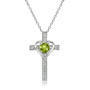 Sterling Silver Peridot and White Topaz Heart in Cross Necklace - Picture 1 of 7