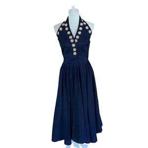 Vintage 50er Jahre Dance Time by Phyllis Glitzer Blumen blau Neckholder Swing Kleid - Bild 1 von 10