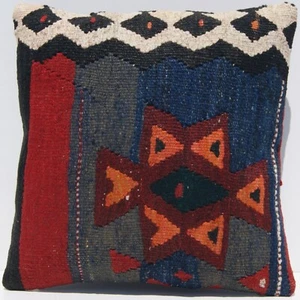 Kelim square 16"x16" Ethnic Handmade Wool Kilim Pillow Geometric Tribal Design - Picture 1 of 3