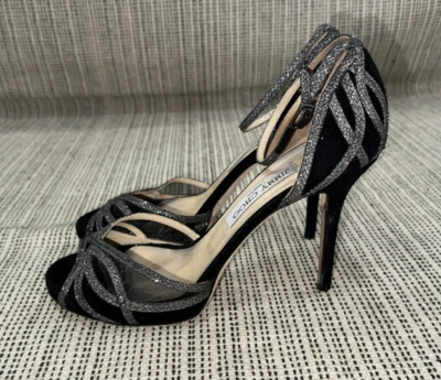 JIMMY CHOO BLACK  SUEDE & GLITTLER OPEN TOE HIGH HEEL SLIDE SANDALS Sz 38.5M - Image 1 of 4