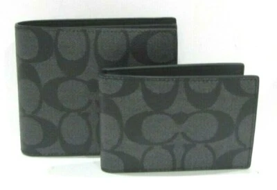 Coach F74993 Men's Compact ID Signature PVC Wallet Charcoal & Black NWT $178 - Image 1 of 4