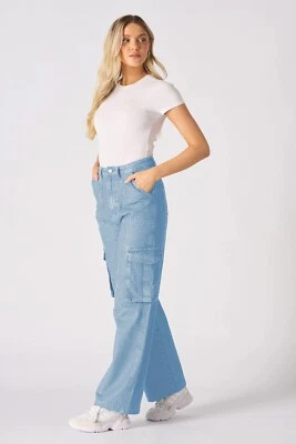Women’s High Rise Wide Leg Cargo Jeans Ladies Stretch Denim Pants Size 6 to 16 - Image 1 of 4