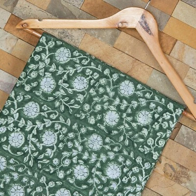 2.5 Yard Indian pure Cotton Fabric Green Printed Hand Block Flower Print fabric - Image 1 of 4