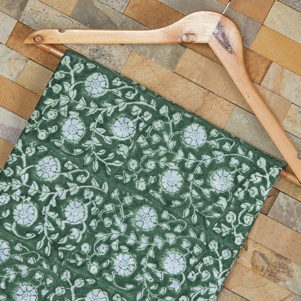 2.5 Yard Indian pure Cotton Fabric Green Printed Hand Block Flower Print fabric - Image 1 of 4