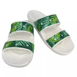 Crocs Classic Sandals Womens 8  Green White Tropical Leaves Slip On Slides  - Picture 1 of 2