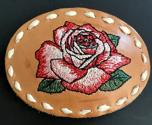 Vintage LEATHER BELT BUCKLE with Embroidered Red Rose Western Women's Girl's - Picture 1 of 9