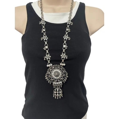 Collar largo para mujer grueso tono plata cadena estrás flor glamour declaración Foto 1 de 4