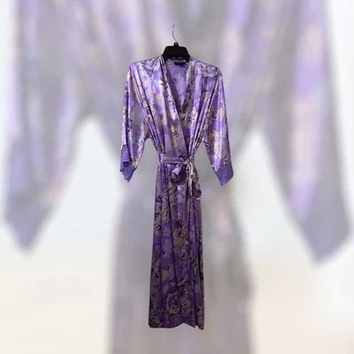 Jones New York Robe L/XL Purple Paisley Satin Kimono Belted Lounge Sleepwear NWT - Image 1 of 4