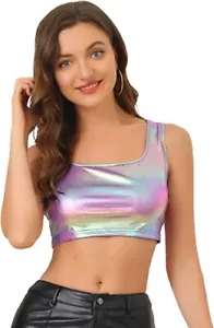 NWT Allegra K Women's U Neck Sleeveless Party Clubwear Holographic Shiny Top - Picture 1 of 9
