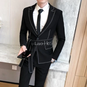2PCS Suits Jacket Pants Blazer Belt Tuxedos Coat Evening Party One Button sz Men - Picture 1 of 12