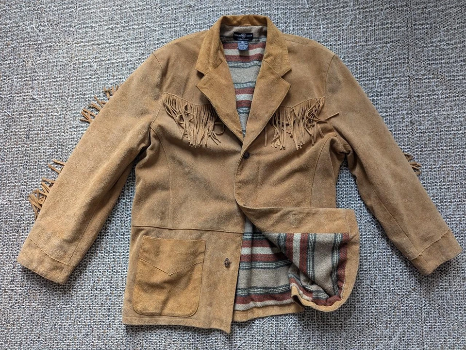 Chaqueta occidental vintage de gamuza cuero de vaca LOONEY TUNES XL flecos TAZ marrón Foto 1 de 4