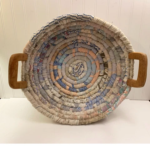 Vintage Rag Rug Round Basket Handmade Woven Multi-Color w/Wooden Handles 18" Cover