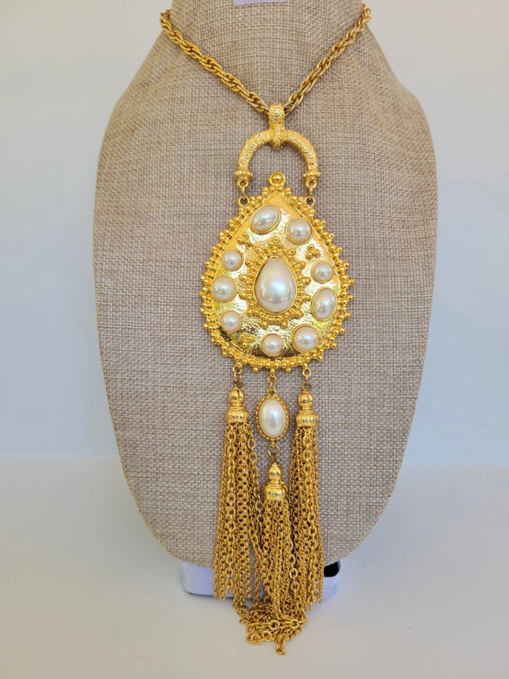 Long Etruscan Style Faux Pearl Chain Tassel Bold  Retro Necklace 24" Signed BH - Image 1 of 4