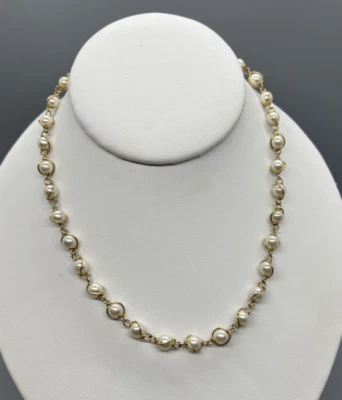 Vintage  Imitation Pearl Necklace Single Strand Gold Tone Caged  Beads 15" - Image 1 of 4