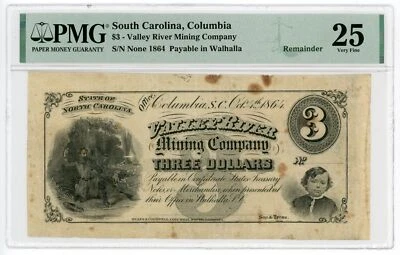 1864 $3 Valley River Mining Company - NORTH / SOUTH CAROLINA Note PMG VF 25 - Image 1 of 2