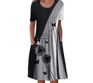 Butterfly Dress Short Sleeve Pleated Print Dress Black Gray Pockets - Picture 1 of 10