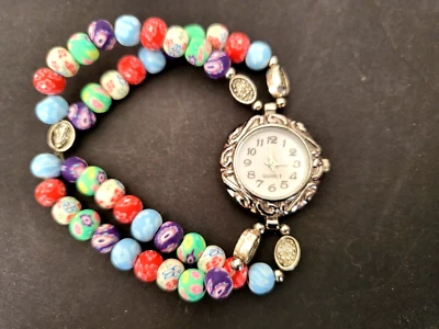 Vintage Analog Quartz Silvertone Wristwatch with Beads & Charms Wrist Band - Image 1 of 4