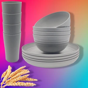 12-Piece Wheat Straw Dinnerware Set, Unbreakable Plates, Bowls & Cups, Grey - Picture 1 of 6